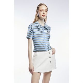 ESP เสื้อนิตคอปกลายทาง ผู้หญิง สีฟ้า | Stripe Knit Top with Collar | 5968