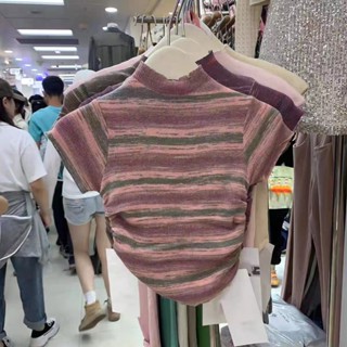 เสื้อกันหนาวแขนสั้น คอสูง แต่งจับจีบ พิมพ์ลายทาง สีสันสดใส แฟชั่นฤดูร้อน สําหรับเด็กผู้หญิง TTVA