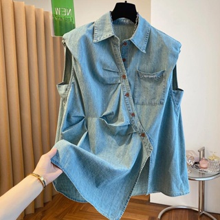 Extra large size 300 jin East Gate Design feeling minority vintage denim vest shirt womens sleeveless oblique button shirt trend