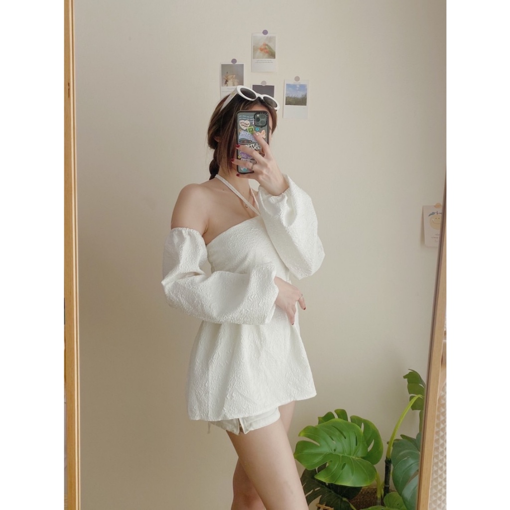 bkl-พร้อมส่ง-bk0104-ผ้าคอตตอนอัดลาย-เสื้อสายเดี่ยวคล้องคอแขนแยก-ใส่ได้2แบบ-น่ารักมาก-มีปลายทาง-ชุดไปทะเล-เดรส-เสื้อยืด