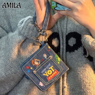 AMILA แพ็คการ์ด y2k สาวฮอตสุดเท่ เรื่องของของเล่น สไตล์อเมริกันเรโทร กระเป๋าใส่บัตรกระเป๋าสตางค์แบบพับผ้ายีนส์