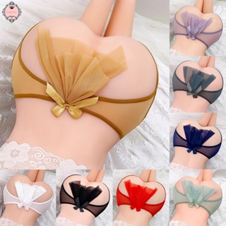 Womens Bow Tie Perspective Mesh Thong Panties with Open Crotch Detail