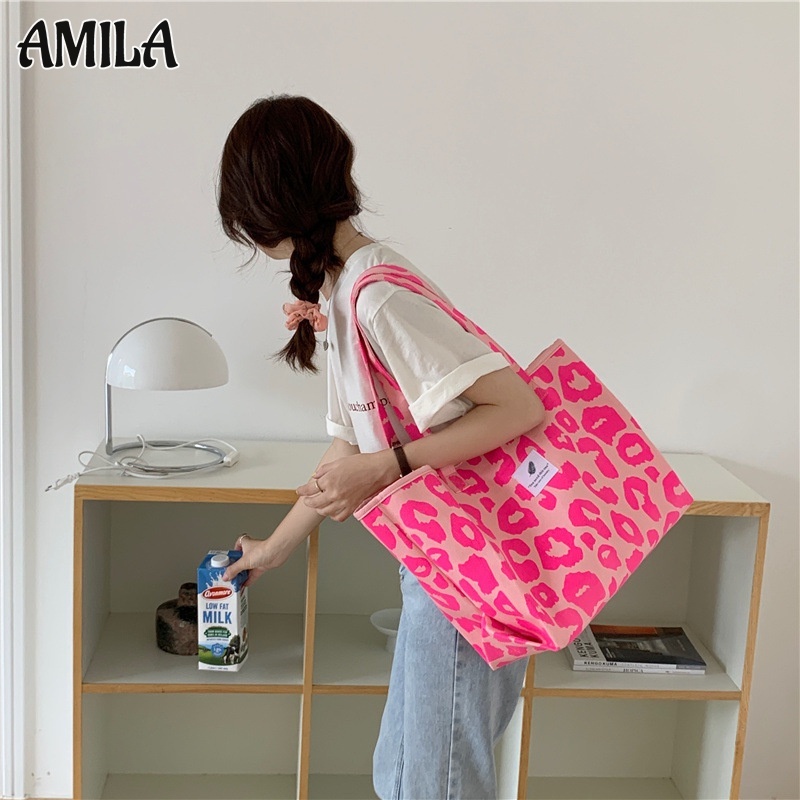 amila-กระเป๋าโท้ทแฟชั่นลายเสือดาวสีชมพู-กระเป๋าสะพายไหล่ความจุขนาดใหญ่-การเดินทางของนักเรียน-แมตช์แบบสบาย-ๆ