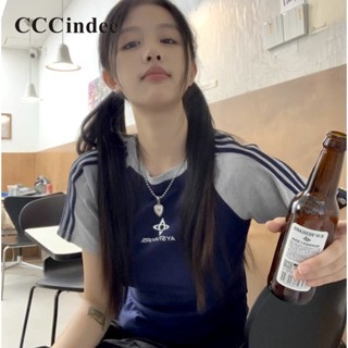 Cccindee เสื้อยืดคอกลม แขนสั้น สีตัดกัน แฟชั่นใหม่ สําหรับผู้หญิง 2023