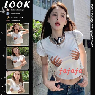 Fafa- เสื้อยืดลําลอง แขนสั้น คอกลม พิมพ์ลายหัวใจ แฟชั่นฤดูร้อน สําหรับสตรี