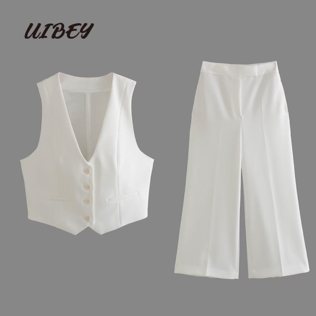 uibey-เสื้อกั๊ก-คอวี-กางเกงขากว้าง-เอวสูง-8998