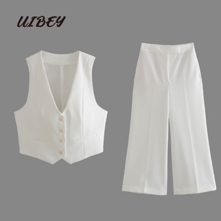 Uibey เสื้อกั๊ก คอวี + กางเกงขากว้าง เอวสูง 8998