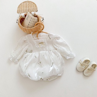 ชุดจั๊มสูทรอมเปอร์ ปักลายลูกไม้ สีขาว สไตล์เจ้าหญิง สําหรับเด็กทารกแรกเกิด 0-24 เดือน