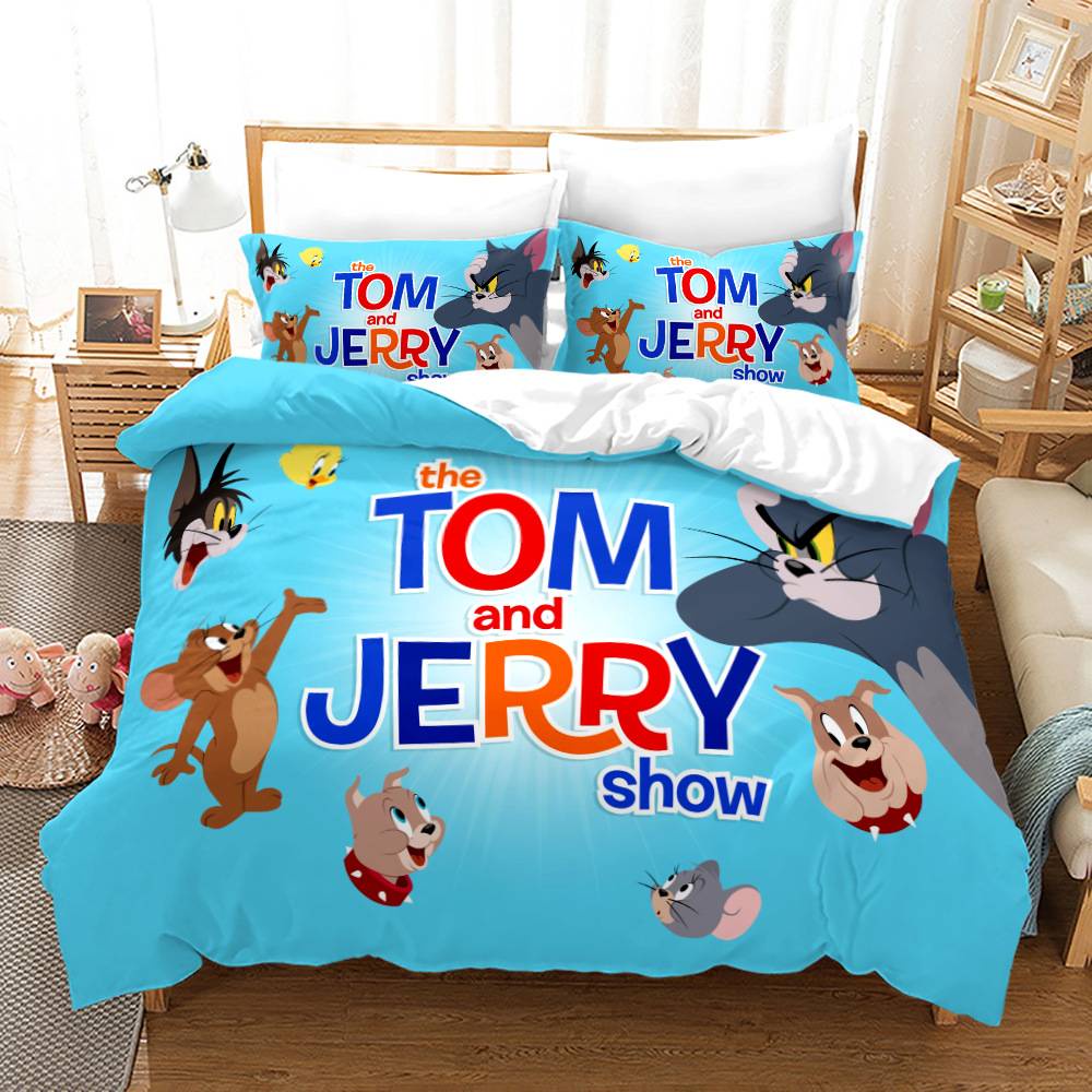 ชุดเครื่องนอน-ผ้าปูที่นอน-ปลอกหมอน-ผ้านวม-ลาย-tom-jerry-ซักทําความสะอาดได้-สําหรับตกแต่งบ้าน-ห้องนอน-หอพัก