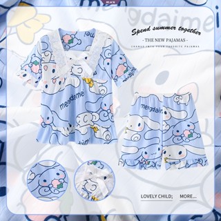 SANRIO Cinnamoroll ชุดนอน พิมพ์ลายการ์ตูนหมีน่ารัก ประดับโบว์ สําหรับเด็กผู้หญิง 2 ชิ้น 2 ชิ้น [BL]