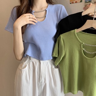 เสื้อครอปท็อปแขนสั้น สีพื้น สไตล์เกาหลี แฟชั่นฤดูร้อน สําหรับผู้หญิง