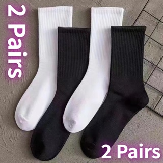 ถุงเท้ากีฬา ผ้าฝ้าย สีดํา และสีขาว แบบเรียบง่าย สําหรับนักเรียนหญิง มี 2 คู่ ต่อชุด