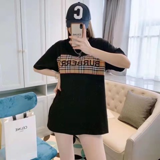 [Official]Burberry short-sleeved plaid patch short-sleeved T-shirt letter embossed niche retro stitching round neck