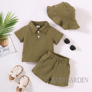 Babygarden-6m-3y ชุดเสื้อผ้าเด็กผู้ชาย เสื้อยืดแขนสั้น คอปก เปิดลง + กางเกงขาสั้น เอวยางยืด + หมวก
