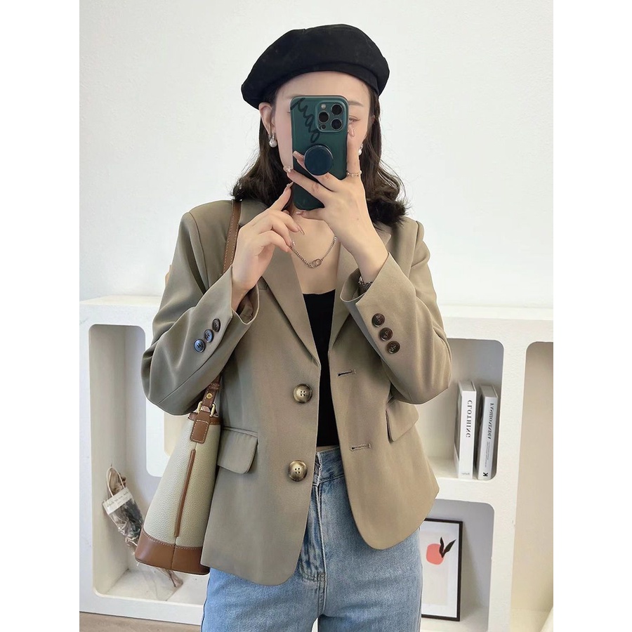 เสื้อแจ็กเก็ตสูทลําลอง-คอปก-สีพื้น-เข้ากับทุกการแต่งกาย-สไตล์วินเทจ-แฟชั่นฤดูใบไม้ผลิ-และฤดูใบไม้ร่วง