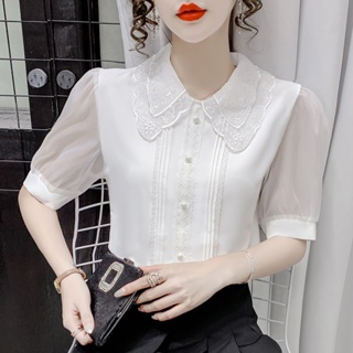 [Fashion Recommendation] เสื้อเชิ้ตแขนสั้น คอตุ๊กตา ผ้าชีฟอง สีขาว แฟชั่นฤดูร้อน สําหรับผู้หญิง