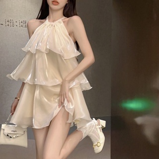 Solid Color Ruffle Stitching Dress Womens Summer Sweet Elegant Neck Skirt First Love Gentle Cake Skirt Trendy