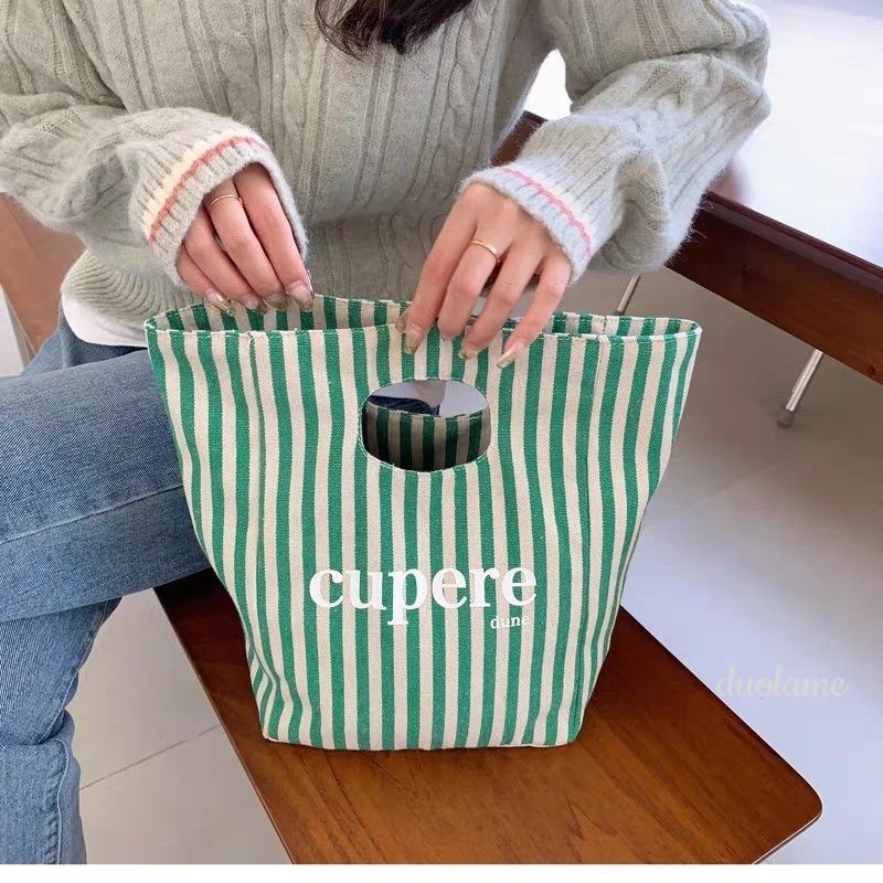 กระเป๋าถือ-กระเป๋าใส่กล่องอาหารกลางวัน-ผ้าแคนวาส-ลายทาง-เป็นมิตรกับสิ่งแวดล้อม-เข้ากับทุกการแต่งกาย-สไตล์ญี่ปุ่น-สําหรับนักเรียน