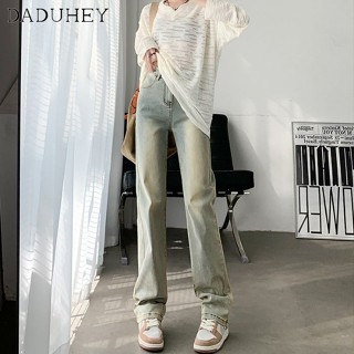 DaDuHey🎈 Womens New American Style Retro High Street Yellow Mud Straight Jeans High Waist Slim Casual Fashion Pants