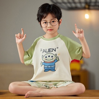 Summer new childrens short-sleeved pure cotton pajamas Cute cartoon monster kids home clothes