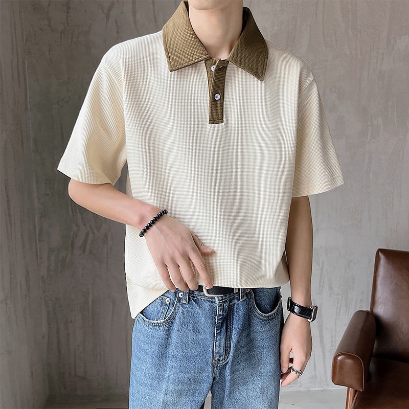 เสื้อโปโลแขนสั้น-คอปก-ทรงหลวม-ลายวาฟเฟิล-สไตล์เกาหลี-สําหรับผู้ชาย-slc27