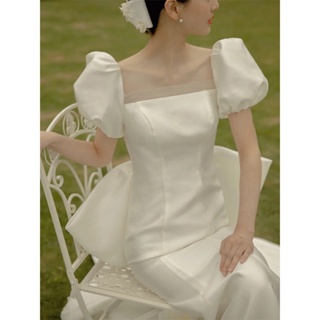 ชุดแต่งงาน ผ้าซาติน ประดับโบว์ ขนาดใหญ่ สีขาว QH018