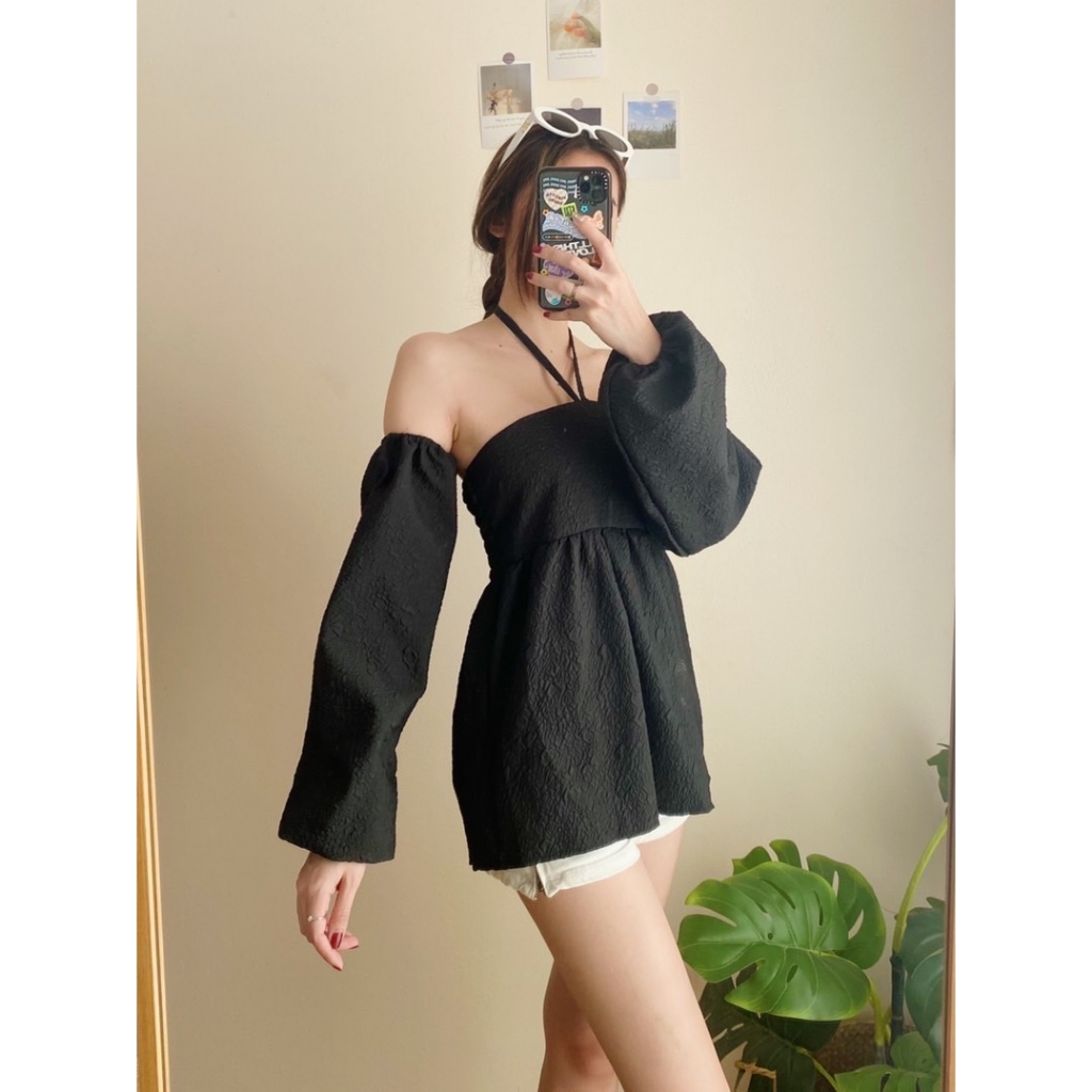 bkl-พร้อมส่ง-bk0104-ผ้าคอตตอนอัดลาย-เสื้อสายเดี่ยวคล้องคอแขนแยก-ใส่ได้2แบบ-น่ารักมาก-มีปลายทาง-ชุดไปทะเล-เดรส-เสื้อยืด