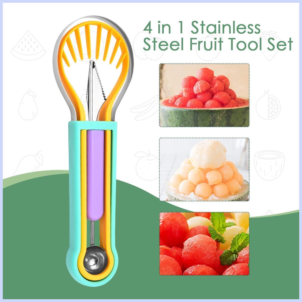 ชุดช้อนตักแตงโม-4-in-1-ที่ตักแตงโม-ที่ตักแตงโม-สเตนเลส-ตัดแตงโม-ผลไม้-ฟันซ้อม