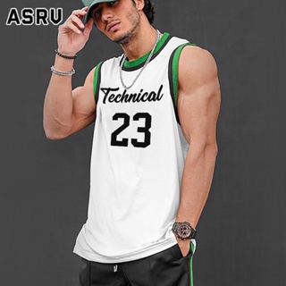 ASRV เสื้อกล้ามผู้ชาย เวอร์ชั่นเกาหลีขนาดใหญ่ตาข่ายแห้งเร็วแขนกุดพิมพ์ตัวอักษรอินเทรนด์กีฬาเสื้อกั๊กลม