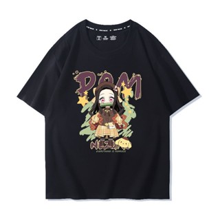 Unisex Demon Slayer Kamado Nezuko เสื้อยืดลายกราฟฟิตีแบรนด์ญี่ปุ่นอะนิเมะคู่ชุดแขนสั้นด้านบน ฤดูร้อน