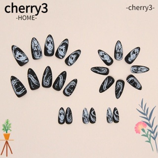 Cherry3 เล็บปลอม ลายกะโหลก อัลมอนด์ ถอดได้ ใช้ซ้ําได้ ยาว สวมได้ สําหรับผู้หญิง 24 ชิ้น