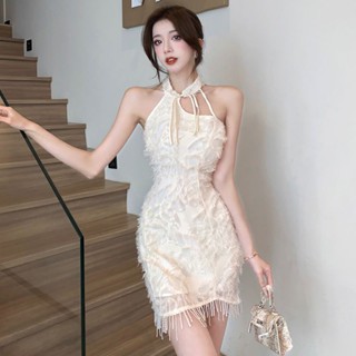 ชุดเดรส คอตั้ง แต่งหัวเข็มขัด สวยงาม สาวฮอตเซ็กซี่. กระโปรงแต่งขอบสะโพก. กระโปรงแขนกุด ระดับไฮเอนด์