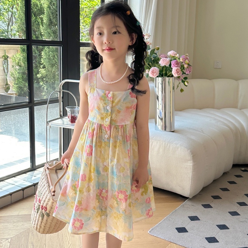 ชุดเดรสแขนกุด-พิมพ์ลายดอกไม้-สีน้ํามัน-สไตล์เกาหลี-สําหรับเด็กผู้หญิง-อายุ-3-8-ปี