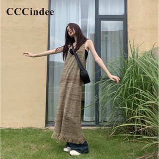 Cccindee ชุดเดรสยาว คอวี ผ้าถัก ทรงหลวม ลายทาง ประดับพู่ แฟชั่นสําหรับสตรี 2023