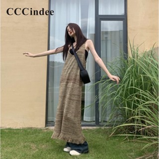 Cccindee ชุดเดรสยาว คอวี ผ้าถัก ทรงหลวม ลายทาง ประดับพู่ แฟชั่นสําหรับสตรี 2023