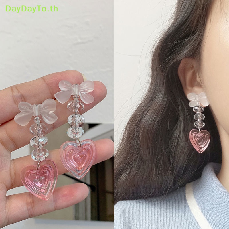 daydayto-ต่างหูระย้า-ประดับพู่คริสตัล-รูปหัวใจ-โบ-สีชมพู-สไตล์ฮาราจูกุ-แฟชั่นวินเทจ-สําหรับผู้หญิง-y2k