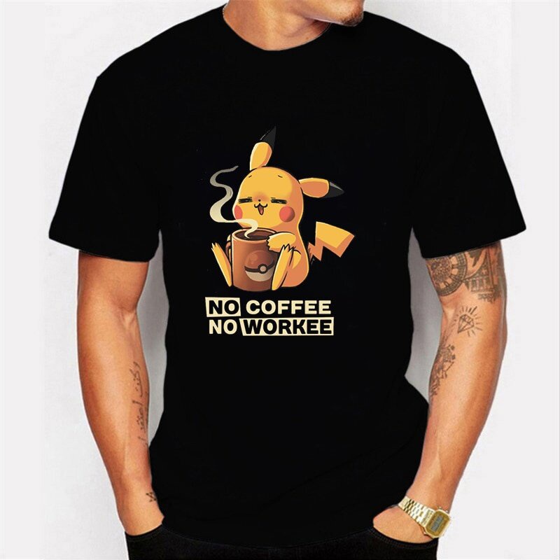 good-yfเสื้อยืดแขนสั้นtee-summer-new-trend-no-coffee-no-workee-t-shirt-pikachu-pokemon-tshirt-fashion-mens-tops-black11s