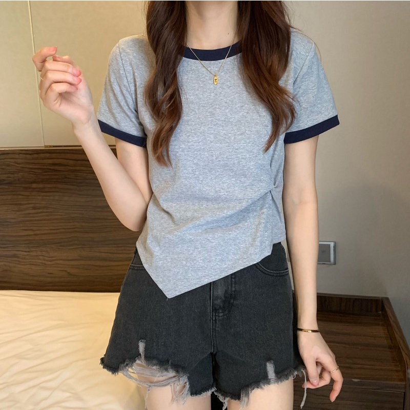เสื้อครอปแขนสั้นลําลอง-แบบบาง-อเนกประสงค์-แบบเรียบง่าย-แฟชั่นฤดูร้อน-สไตล์เกาหลี-สําหรับผู้หญิง
