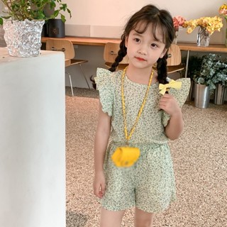 เสื้อแขนกลีบดอกไม้ แต่งระบาย และกางเกงขาสั้น เอวยางยืด สไตล์เกาหลี สําหรับเด็กผู้หญิง จํานวน 2 ชิ้น