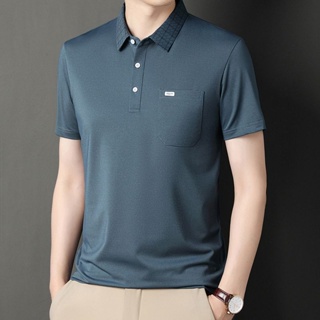 Spot high quality] pocket polo shirt mens middle-aged 2023 new summer dad short-sleeved t-shirt business leisure loose T-lapel Tee ice silk cotton blouse for boys