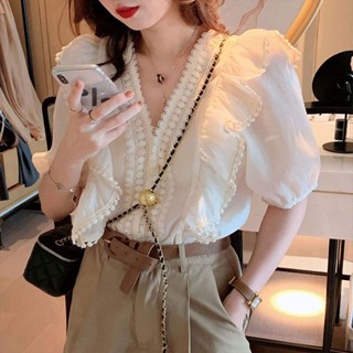เสื้อยืดแขนพัฟ พิมพ์ลายลูกไม้ หรูหรา สไตล์เกาหลี เหมาะกับฤดูร้อน สําหรับผู้หญิง