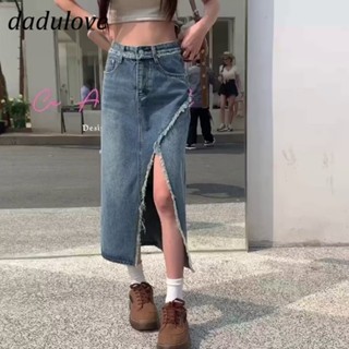 DaDulove💕 New Korean Version of INS Retro Raw Edge Denim Skirt Niche High Waist Loose A- line Skirt Bag Hip Skirt