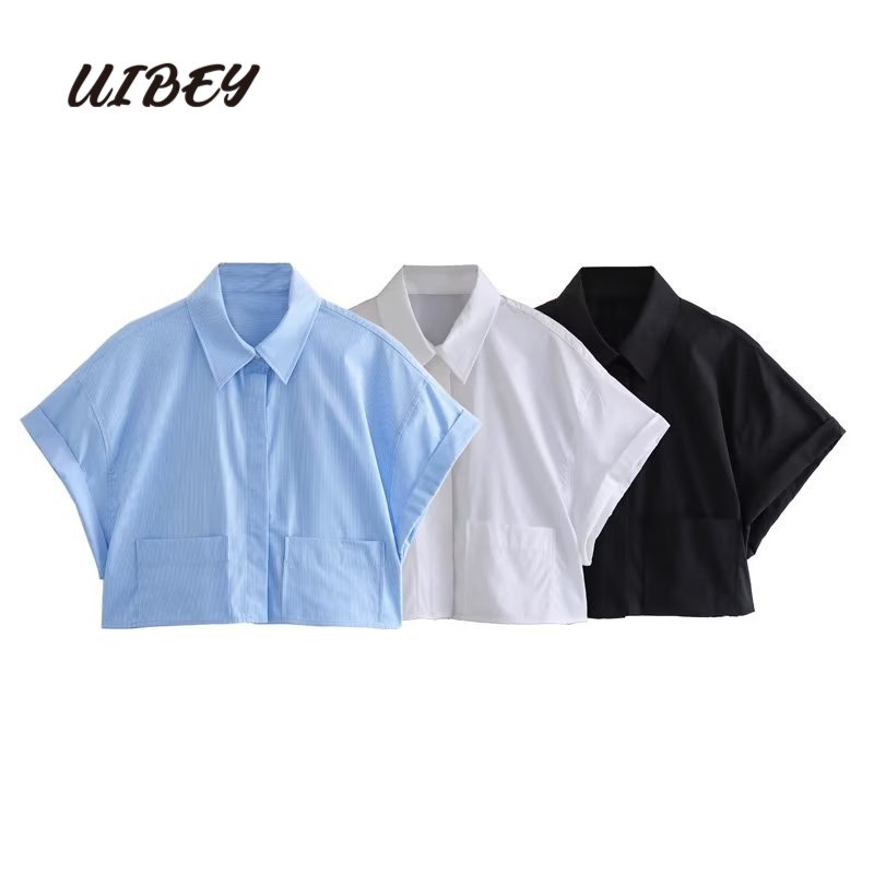 uibey-เสื้อเชิ้ต-คอปก-มีกระเป๋า-สีพื้น-ตัวสั้น-9520