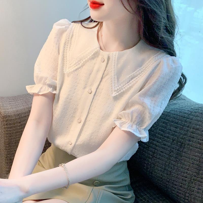 เสื้อเชิ้ตแขนสั้น-คอตุ๊กตา-ผ้าชีฟอง-ขนาดเล็ก-เข้ากับทุกการแต่งกาย-แฟชั่นฤดูร้อน-สําหรับผู้หญิง-2023