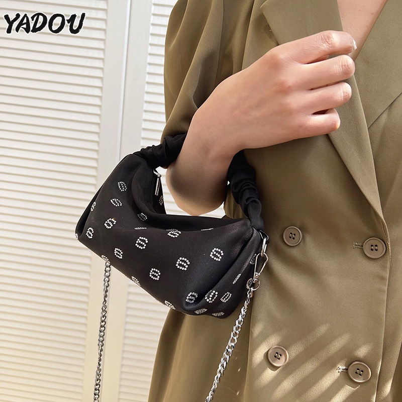 yadou-กระเป๋าผู้หญิงใหม่-ฝรั่งเศส-ไนลอน-ถุงขนมจีบย่นแบบพกพา-กระเป๋าสะพายเพชร
