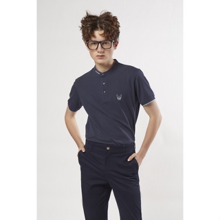 ESP เสื้อโปโลคอจีนแต่งลายปักโลโก้ ผู้ชาย สีน้ำเงินเข้ม | Stand Collar Logo Embroidered Polo Shirt | 3756