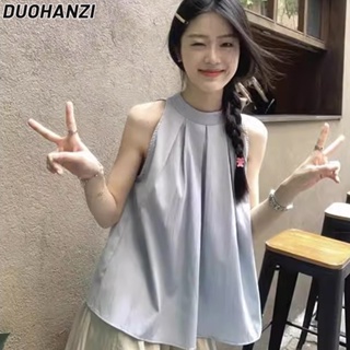Duohanzi เสื้อแขนกุด คอผูกเชือก สไตล์เกาหลี ฤดูร้อน ดีไซน์ใหม่ เก๋ จีบรอบ สีฟ้า สําหรับผู้หญิง
