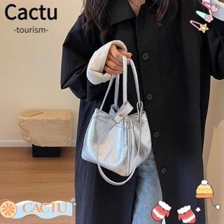 Cactu กระเป๋าสะพายไหล่ลําลอง หนัง PU ทรงบักเก็ต ความจุขนาดใหญ่ สีพื้น แฟชั่นสําหรับสตรี