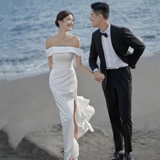 ชุดแต่งงานที่เรียบง่ายผ้าซาตินฝรั่งเศสใหม่แฟชั่นเจ้าสาวริมทะเลสนามหญ้าแต่งงานฮันนีมูนเดินทางชุดสีขาว