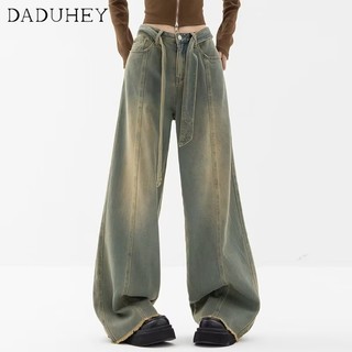 DaDuHey🎈 New American Style Ins High Street Yellow Mud Jeans Drawstring High Waist Wide Leg Pants Casual Mop Plus Size Trousers